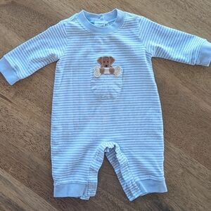 Blue Striped Puppy & Bone Appliqué Romper - 6 Months